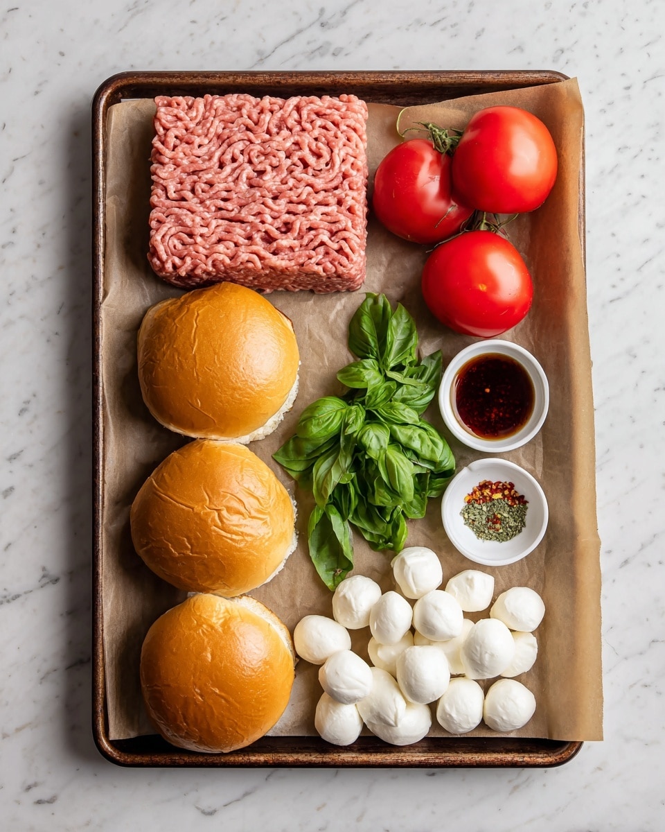 A brown baking tray lined with parchment paper holds a set of fresh ingredients laid out neatly. On the left side is a rectangular block of light pink ground meat with a soft, ridged texture. Below are three shiny, golden-brown burger buns, smooth on top with some light cracking. Between the buns and meat, a small bunch of bright green basil leaves adds color and freshness. To the right on the tray, three red tomatoes with a smooth texture sit closely. Above the tomatoes are two small white bowls; the top one contains dried green herbs, red chili flakes, and garlic powder, while the bottom bowl has a dark brown liquid. Next to the bowls is a small pile of white mozzarella balls with a soft, smooth surface. The background is a white marbled surface. photo taken with an iphone --ar 4:5 --v 7