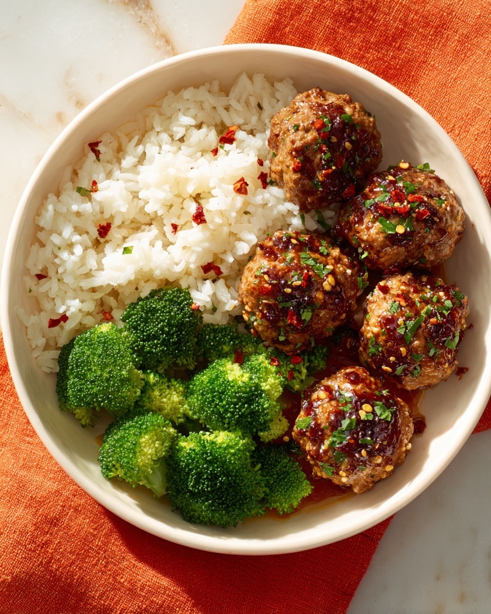 A white bowl holds a meal with three main parts: a pile of white rice on the left, bright green broccoli pieces in the bottom left, and a cluster of golden brown meatballs in the center and right, each coated in a shiny sauce and sprinkled with small green herbs and tiny red flakes. The bowl is placed on an orange cloth, and the background is a white marbled texture. photo taken with an iphone --ar 4:5 --v 7