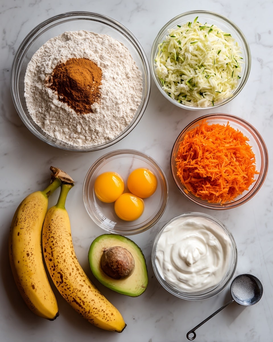 The image shows a white marbled surface with several glass and white bowls containing ingredients for a recipe. The largest glass bowl in the top left contains white whole wheat flour with a small pile of brown cinnamon on top, mixed with baking powder and baking soda. To the right, a white bowl holds grated zucchini on the left side and grated carrots on the right side, both bright and fresh looking. Below these, a small glass bowl contains two raw eggs with bright yellow yolks. Next to that, a similar-sized glass bowl is filled with white yogurt, showing a creamy and thick texture. At the bottom left, a ripe yellow spotted banana is placed next to a halved avocado with green flesh and a dark seed in one half. Lastly, at the bottom right corner, there is a small black and white measuring spoon labeled vanilla. Photo taken with an iphone --ar 4:5 --v 7