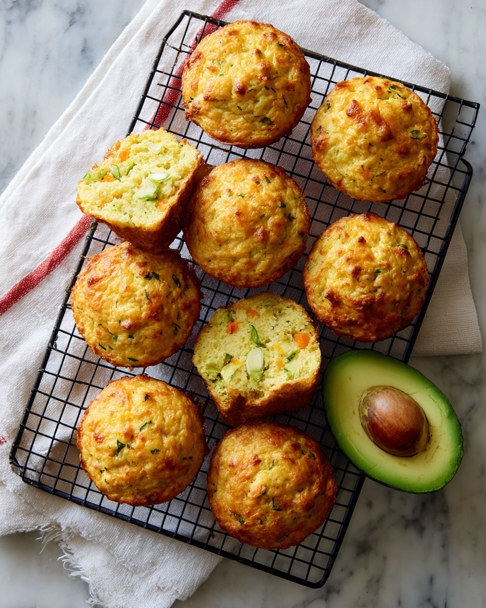 Ten round muffins with a rough, slightly bumpy surface and warm golden-brown color sit on a black cooling rack. Two of the muffins are broken in half to show a soft, moist inside speckled with orange and green bits, placed near the center. On the right side of the rack, there is half an avocado showing its light green flesh and dark seed. The rack is set on a white marbled surface with a white cloth that has red stripes around the edges. The scene is bright with even light, photo taken with an iphone --ar 4:5 --v 7