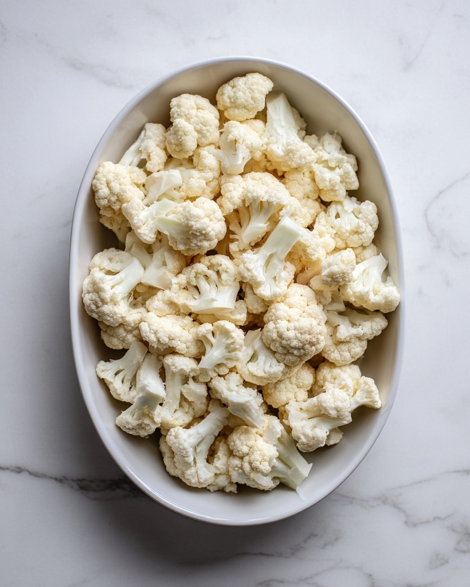 The image shows a white oval bowl filled with many pieces of raw cauliflower cut into small and medium florets. The cauliflower pieces are light cream to white in color with a slightly rough texture. The bowl rests on a white marbled surface. The overall look is clean and simple, with the cauliflower pieces spread evenly to fill the bowl. photo taken with an iphone --ar 4:5 --v 7