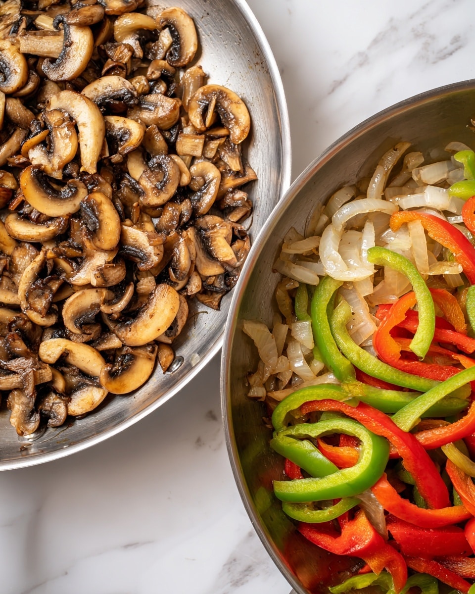 The image shows two cooking pans side by side on a white marbled surface. The left pan contains one layer of cooked sliced mushrooms that are golden brown with some darker edges, showing a slightly crispy texture. The right pan has three layers: the bottom layer is cooked sliced mushrooms similar to the left pan, the middle layer is thinly cooked sliced onions with a soft and slightly translucent look, and the top layer has bright red and green bell pepper strips that are tender but still vibrant in color. The mushrooms and vegetables mix gives a colorful and fresh cooked appearance. photo taken with an iphone --ar 4:5 --v 7