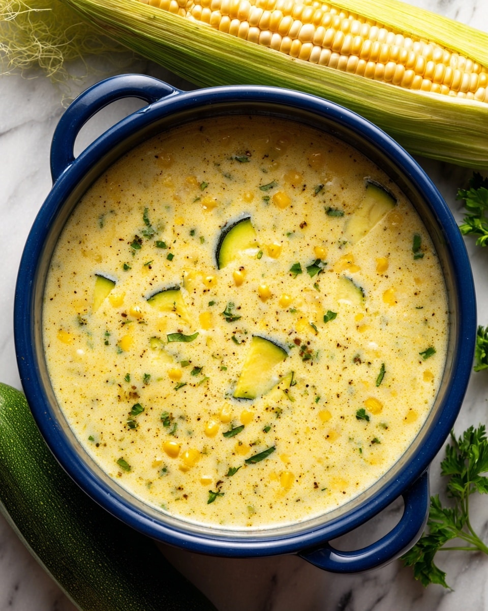A top view of a blue pot filled with creamy yellow corn soup that has small visible pieces of yellow corn, green zucchini slices, and tiny specks of seasoning mixed throughout. The pot sits on a white marbled surface, and there is a full ear of yellow and white corn at the top edge of the image, along with a green zucchini on the bottom left. Some green parsley leaves are partly visible on the edges of the shot. The soup looks thick and smooth with a few bubbles near the edge of the pot. photo taken with an iphone --ar 4:5 --v 7