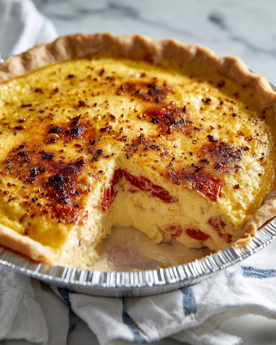 The image shows a pie in a silver foil pie tin placed on a white marbled surface with a white cloth featuring blue stripes nearby. The pie has a thick golden-yellow top layer that looks slightly crispy with some small browned spots and bits of seasoning scattered on it. Underneath the top layer, there are two visible layers: a red tomato-like layer and a creamy beige layer below it. The pie crust around the edge is light brown and soft-looking. A piece of the pie has been removed, showing the layers clearly inside. Photo taken with an iphone --ar 4:5 --v 7