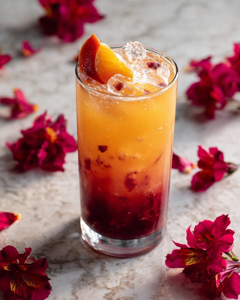 A tall, clear glass filled with a drink showing three main layers: a deep red base with some fruit pieces, a translucent orange middle layer with ice cubes floating, and a slice of red fruit placed on a silver pick resting across the top edges of the glass. The glass is set on a white marbled surface decorated with scattered bright red flowers around it. photo taken with an iphone --ar 4:5 --v 7