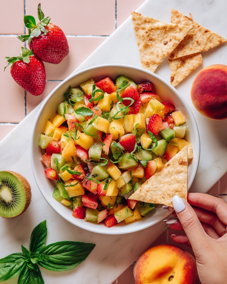 A white shallow bowl filled with a colorful fruit salsa made of small diced pieces: red strawberries, green kiwi, yellow mango, and light pink melon, topped with thinly sliced green basil leaves scattered across the fruits. A woman's hand is holding a white triangular cinnamon sugar pita chip dipped in the salsa at the bowl's edge. Around the bowl on a white marbled surface, there are two whole strawberries, half a kiwi, three extra cinnamon sugar pita chips, some fresh green basil leaves, and a whole peach. The background is bright and features a soft pink tile pattern. photo taken with an iphone --ar 4:5 --v 7