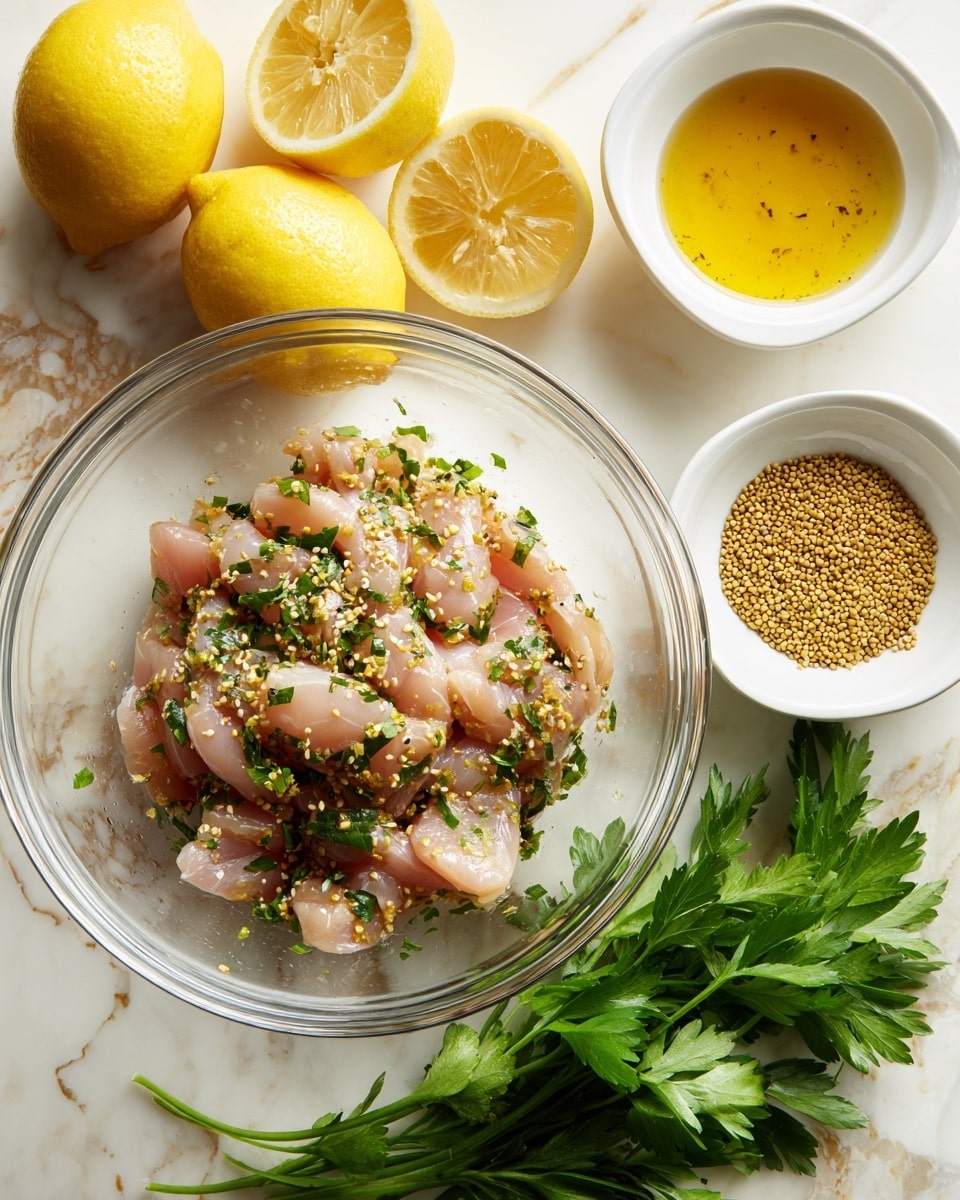 A clear glass bowl filled with raw chicken strips mixed with green herbs and small mustard seeds sits in the center. Surrounding it are small white bowls containing a grainy yellow mustard sauce, golden honey, and black pepper. To the left, there are two whole yellow lemons and one cut lemon showing its juicy interior. Fresh green parsley lies at the bottom right corner on a white marbled surface. The overall look is fresh and bright, with a focus on natural ingredients. photo taken with an iphone --ar 4:5 --v 7