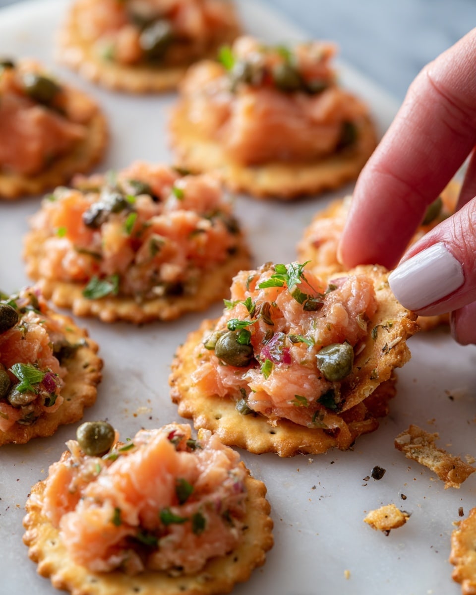 Small round golden crackers form the base layer, with a chunky topping of light pink pieces of salmon mixed with small green capers and tiny bits of green and red vegetables. The crackers are arranged scattered on a white marbled surface, with a woman's hand picking one up from the bottom right side of the image. The salmon topping looks fresh and slightly moist, sitting in generous piles on each cracker. Some crumbs and small bits of seasoning are scattered around the crackers on the surface. Photo taken with an iphone --ar 4:5 --v 7