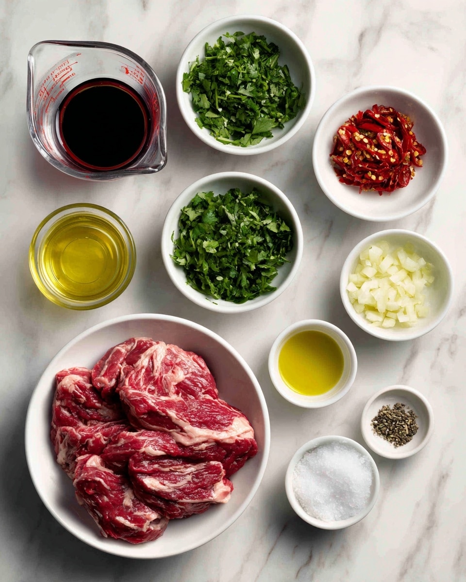 The image shows a top view of several small white bowls and clear glass containers arranged on a white marbled surface. The largest white bowl at the bottom left contains raw skirt steak with deep red and pink marbling layers. Above it to the left is a clear measuring cup with dark red liquid labeled red wine vinegar. To the right of the steak is a small white bowl of finely chopped red chile, next to a white bowl of minced garlic. Above these are two larger white bowls side by side, one filled with chopped green cilantro leaves and the other with chopped green parsley. To the left of the parsley is a clear glass bowl of golden olive oil, while below the red wine vinegar sits a smaller glass bowl with light yellow oil. Near the garlic and chile, a small clear bowl contains ground black pepper, and next to it on the bottom right is a white bowl of white salt. The overall colors show deep red meat, various shades of green herbs, pale purple shallot pieces, and yellow oils, all set on white containers and a white marbled background. Photo taken with an iphone --ar 4:5 --v 7