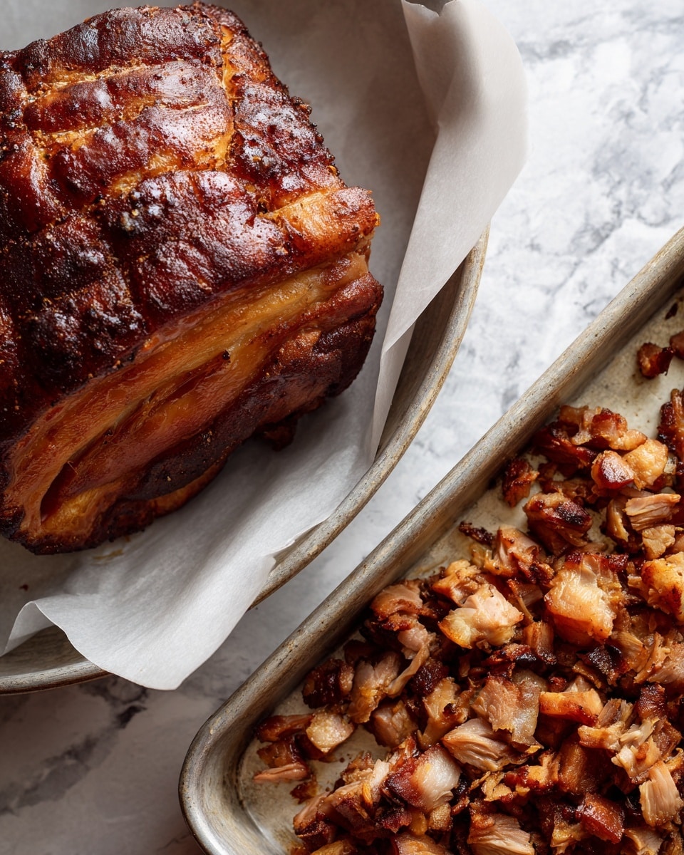 The image shows two views of cooked pork. On the left, a whole roasted pork piece with a dark brown crispy outer layer sits on white parchment paper inside a metal pan. The pork surface is shiny with cooked juices and has a textured, slightly cracked crust. On the right, shredded pork fills a metal tray, showing many small pieces in light brown and pinkish tones with darker charred edges and some fatty bits scattered throughout. The shredded texture looks juicy and tender. The background has a white marbled texture. photo taken with an iphone --ar 4:5 --v 7