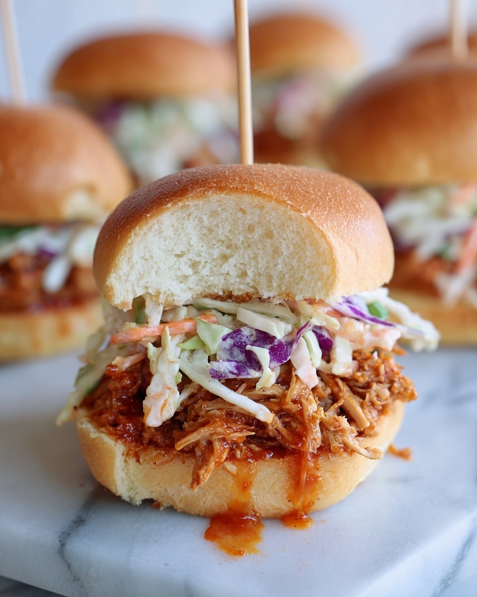A pulled meat sandwich with a soft light brown bun that has a bite taken off the top, showing its fluffy inside. Inside the sandwich, shredded meat sits on the bottom bun, with a reddish orange sauce dripping down the side. Above the meat, there is a layer of shredded coleslaw with white, purple, and light green thin strips of vegetables. The sandwich is held together with a wooden skewer. The background shows other sandwiches with similar ingredients on a white marbled surface. photo taken with an iphone --ar 4:5 --v 7