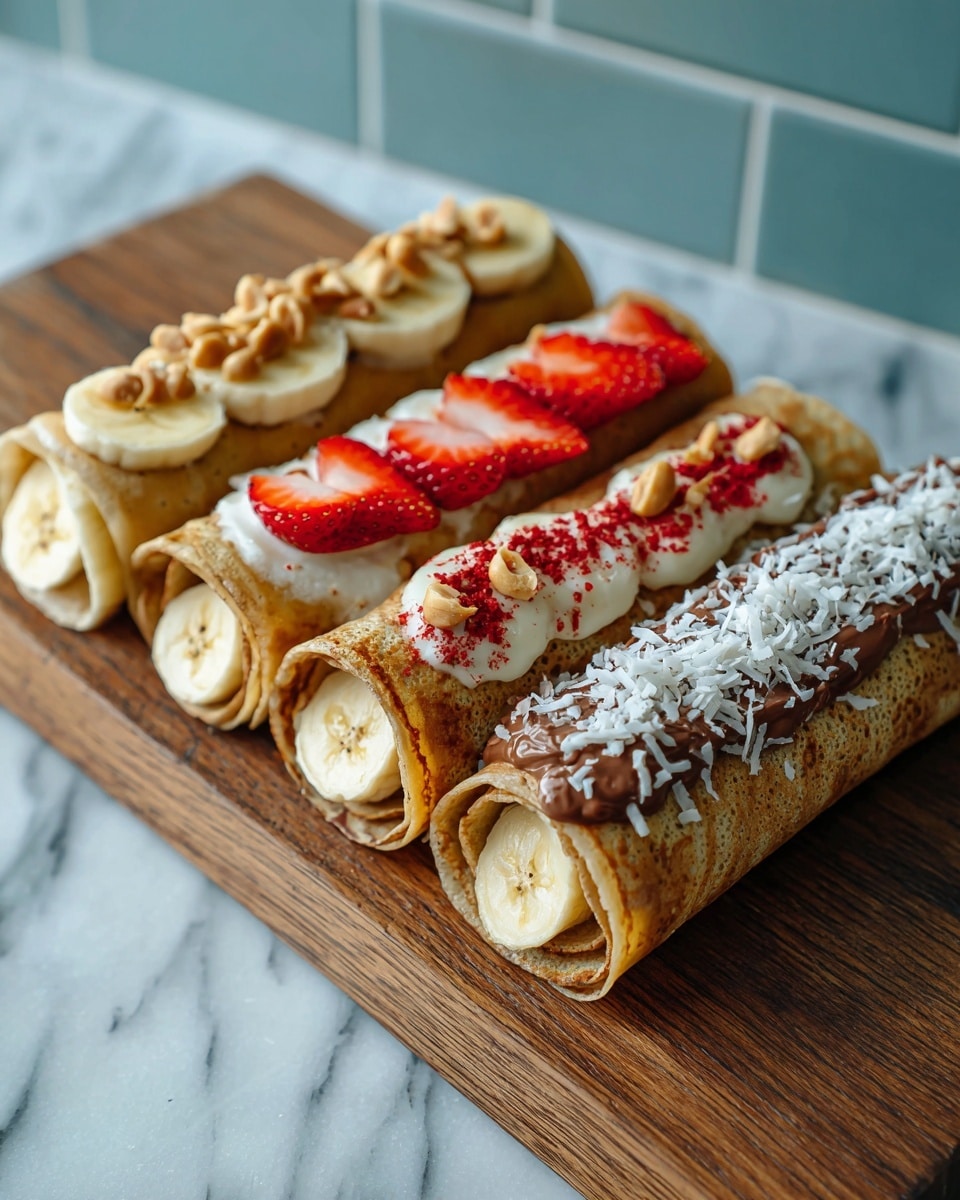 A wooden board on a white marbled surface holds three rows of sushi rolls, each row with three pieces. The top row has rolls with a banana center covered in light cream and topped with chopped nuts in a caramel color. The middle row shows rolls with a banana center wrapped in cream, a soft pink crumbled layer, and a fresh red strawberry slice on top. The bottom row features rolls with a banana center wrapped in cream and dark chocolate, sprinkled with white shredded coconut. Near the bottom of the board, a pair of silver chopsticks rest next to a single roll cut open, showing the banana inside and covered with the nut topping. photo taken with an iphone --ar 4:5 --v 7
