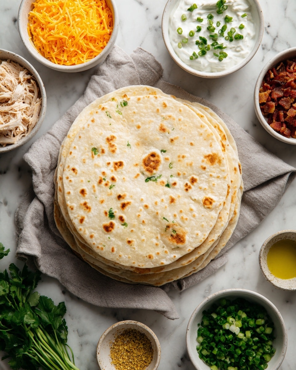 A stack of five light beige tortillas with small brown spots is placed on a gray cloth in the center of a white marbled surface. Surrounding the tortillas, there are multiple white bowls holding different ingredients: at the top left, a bowl filled with light tan shredded chicken; top middle, a bowl with white sour cream sprinkled with green herbs; top right, a bowl of bright orange shredded cheddar cheese; middle left, a bowl containing small crispy brown bacon bits; middle right, a bowl of dark green mixed herbs; bottom left, a bowl of fresh chopped bright green onions with some spilled on the surface; bottom right, two small bowls with yellowish seasonings; and a small bowl with light golden olive oil. The overall layout is neat and well-organized. Photo taken with an iphone --ar 4:5 --v 7