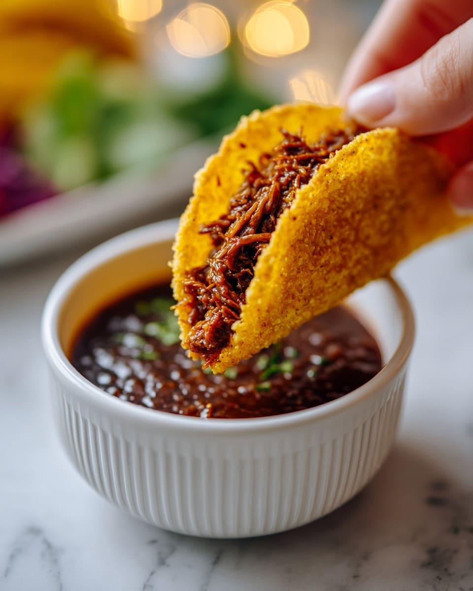 A golden yellow taco shell, crispy and slightly curved, is held above a white bowl filled with dark red-brown dipping sauce. Inside the taco shell is a rich, shredded dark brown meat filling, moist and textured. The bowl has a clean, ribbed design and sits on a white marbled surface. In the soft background, there are blurred lights of uneven colors including green, red, and purple, suggesting garnishes or sides. The scene is bright and focused on the taco dipping action, showing a woman's hand holding the taco. photo taken with an iphone --ar 4:5 --v 7