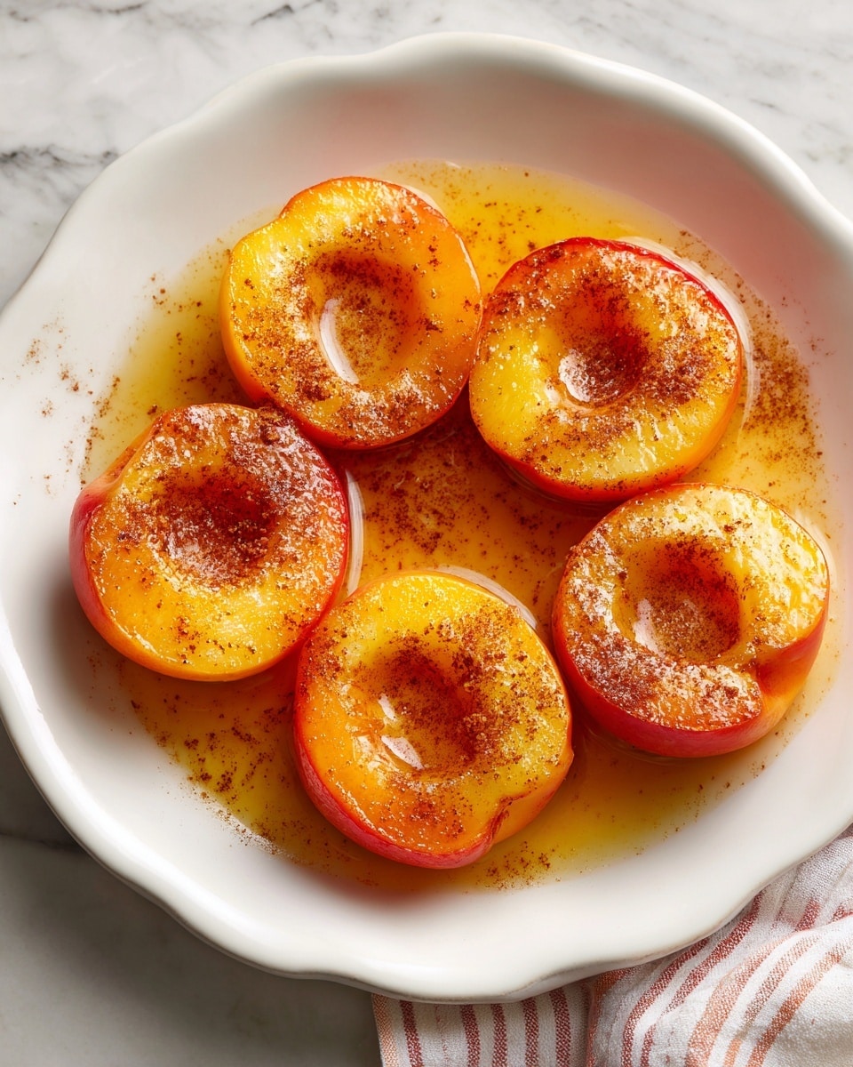 A white dish holds six peach halves with a golden-orange color, each with a soft melted butter layer in the center. The peaches are dusted with a fine layer of brown cinnamon spice, adding a warm contrast to the bright fruit. The peaches sit on a light brown sauce that spreads thinly across the bottom of the dish. The dish is placed on a white marbled surface, and a corner of a striped cloth is visible at the edge of the image. photo taken with an iphone --ar 4:5 --v 7