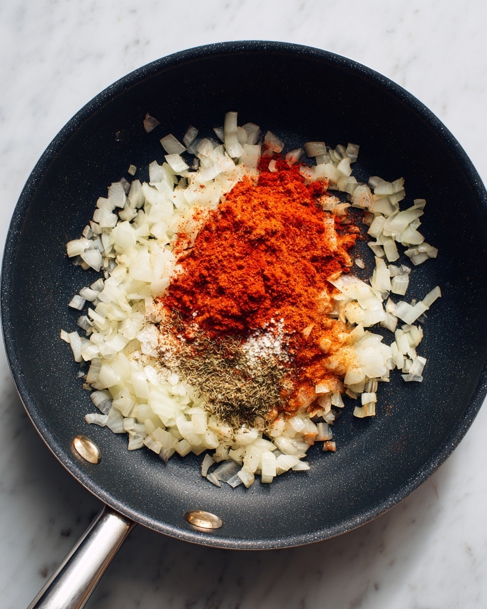Inside a black pan on a white marbled surface, there are two main layers of ingredients. The bottom layer is made of light, translucent chopped onions spread evenly around the pan. On top, near the center, there is a pile of bright red spices mixed with some brown and white powders, creating a vivid and textured patch contrasting with the onions. The pan has a reflective metal handle stretching out toward the bottom left corner. Photo taken with an iphone --ar 4:5 --v 7