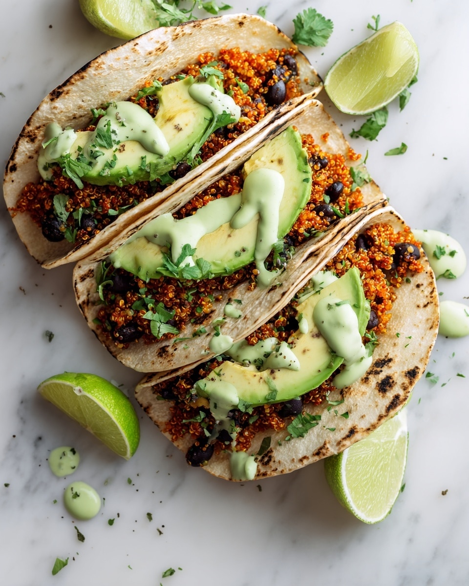 The image shows four soft white tortillas arranged in a row on a white marbled surface, each filled with three main layers. The bottom layer is a bright green avocado sliced into thin, curved pieces placed on one side inside the tortillas. The second layer is a mix of orange quinoa and dark black beans that fill most of the tortillas, adding texture and color contrast. The top layer is a light green creamy sauce drizzled unevenly across all the fillings, with small bits of chopped herbs sprinkled on top. In the background, there is a white bowl with lime wedges and some light green sauce drops scattered on the surface, enhancing the fresh look. photo taken with an iphone --ar 4:5 --v 7