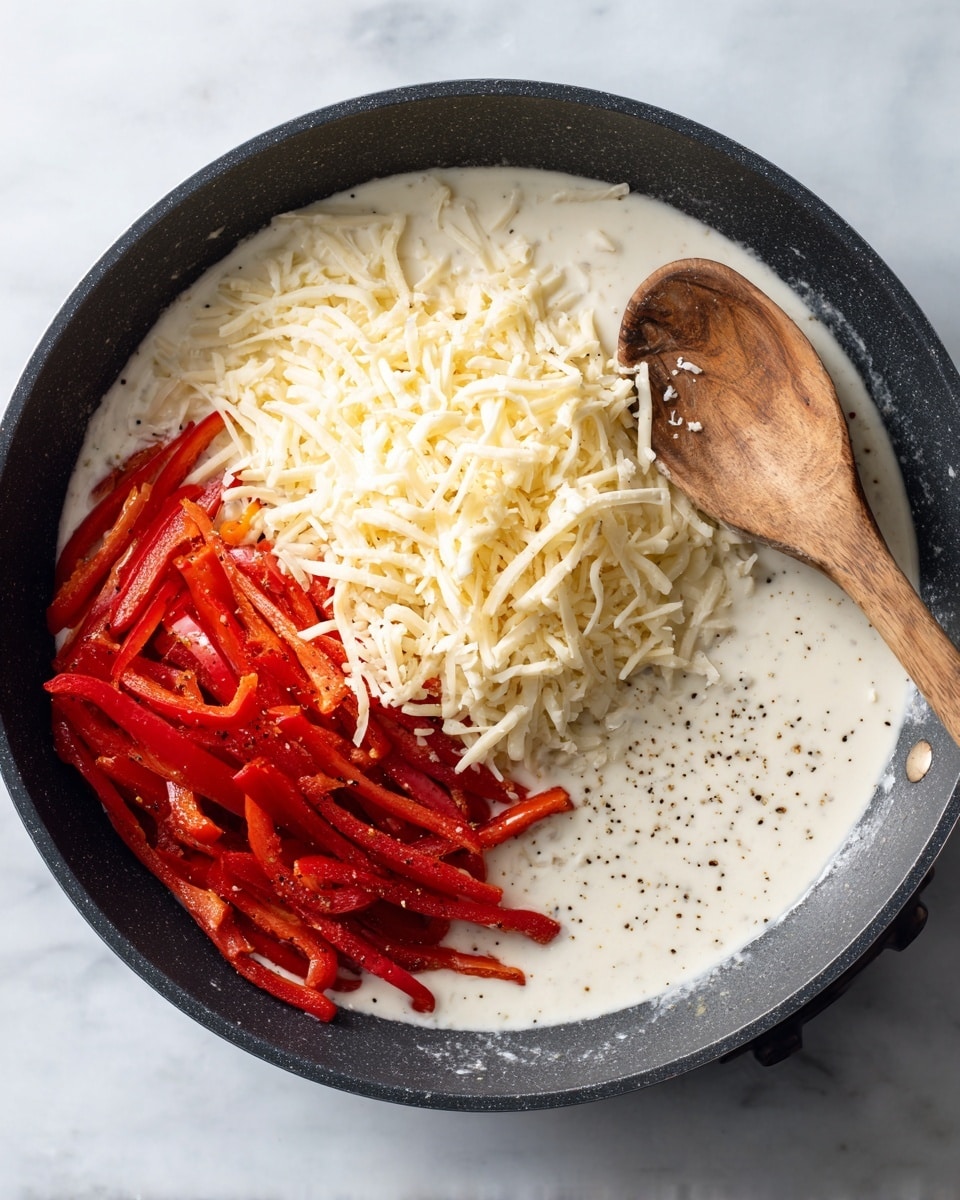This image shows a black pan filled with a creamy white sauce that has a few specks of black pepper. On one side of the pan, there is a pile of shredded pale yellow cheese. Next to the cheese, there are soft, roasted red pepper strips with a slightly shiny texture. A wooden spoon is resting in the pan, touching both the cheese and the red peppers. The pan is placed on a white marbled surface. photo taken with an iphone --ar 4:5 --v 7