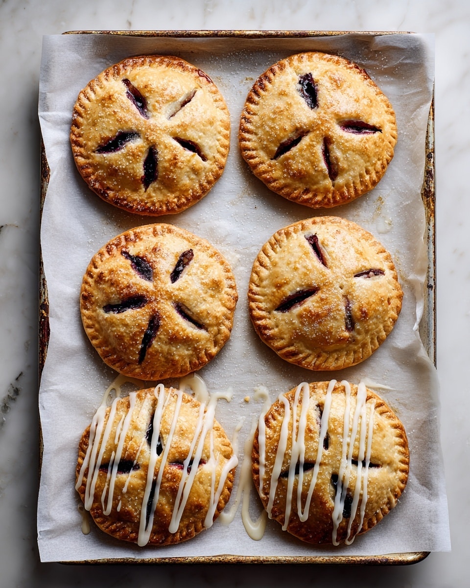 The image shows six round pastries on a white parchment paper-lined baking tray set on a white marbled surface. Each pastry is golden brown with a slightly crispy texture and has four slits on top where dark purple filling is visible inside. The pastries are arranged in two rows of three. The bottom row’s two pastries on the left and right sides are drizzled with a white icing in thin, uneven lines, creating a light contrast with the golden crust and the dark filling beneath. The tray has a worn, rustic look with some darkened edges due to use. photo taken with an iphone --ar 4:5 --v 7