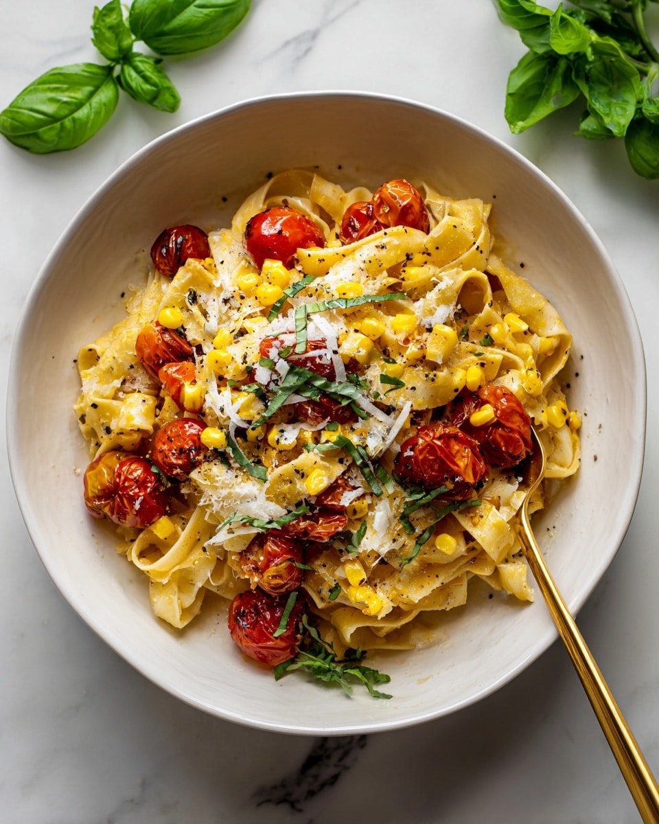 A stainless steel pan filled with creamy pasta made of wide, flat noodles in a light yellow sauce, mixed with small, bright yellow corn kernels and halved roasted red cherry tomatoes scattered throughout. Thinly sliced green basil leaves are sprinkled on top, adding a fresh contrast. Around the pan, there is a small white bowl of grated cheese on a white marbled surface, with some green basil leaves visible nearby. Photo taken with an iphone --ar 4:5 --v 7