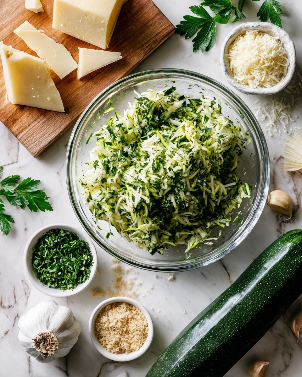 A clear glass bowl sits in the center on a white marbled surface, filled with shredded green zucchini mixed with chopped green herbs. Around the bowl, small white bowls hold light yellow grated cheese, beige breadcrumbs, and chopped green herbs respectively. To the right side of the frame is a whole dark green zucchini. On the left, a light wooden cutting board holds two triangular slices of pale yellow cheese and a pair of sprigs of fresh green parsley. Nearby, a white egg and a whole bulb of garlic rest directly on the white marbled surface. The scene is softly lit, giving a fresh and clean feeling. Photo taken with an iphone --ar 4:5 --v 7