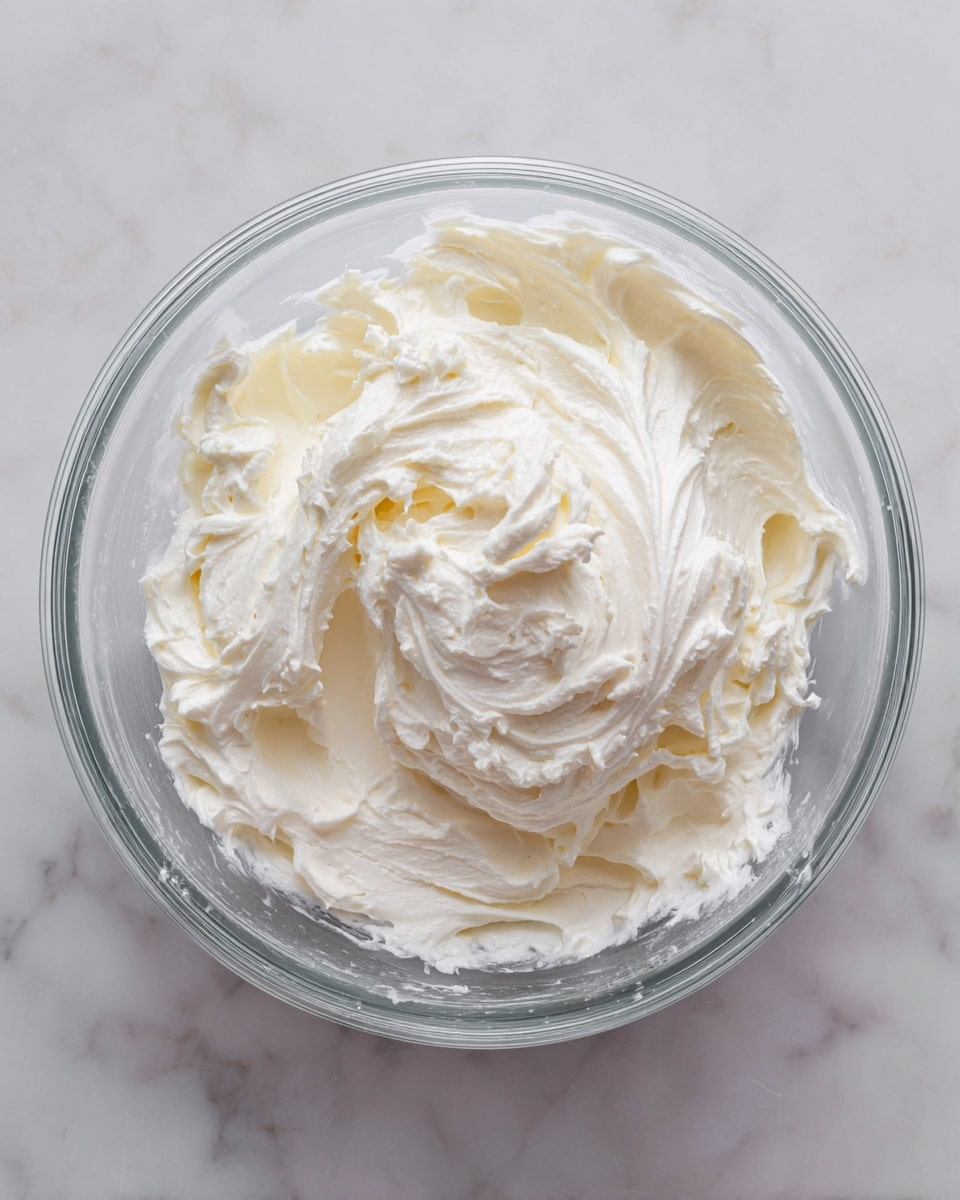 The image shows a clear glass bowl filled with a fluffy, white creamy mixture that has a smooth and light texture. The cream appears soft and slightly whipped, with some peaks and folds visible on the top layer. The bowl is placed on a white marbled surface, and the lighting highlights the brightness and airy quality of the cream inside. photo taken with an iphone --ar 4:5 --v 7