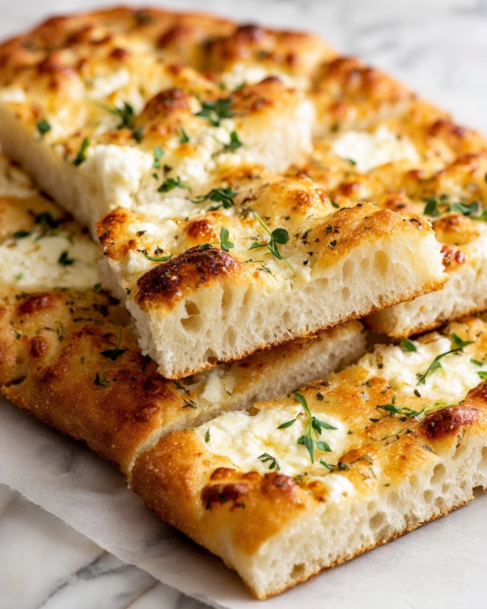 A rectangular focaccia bread is shown on a silver baking tray, mostly cut into smaller square pieces. The top layer features a golden-brown crust with a slightly puffy texture, dotted with melted cheese that is white to light yellow in color. Small sprigs of green herbs, likely thyme, are spread across the surface, adding color contrast and texture. The bread looks soft inside with a light, airy crumb underneath the crust. The photo is taken from above against a white marbled background. Photo taken with an iphone --ar 4:5 --v 7