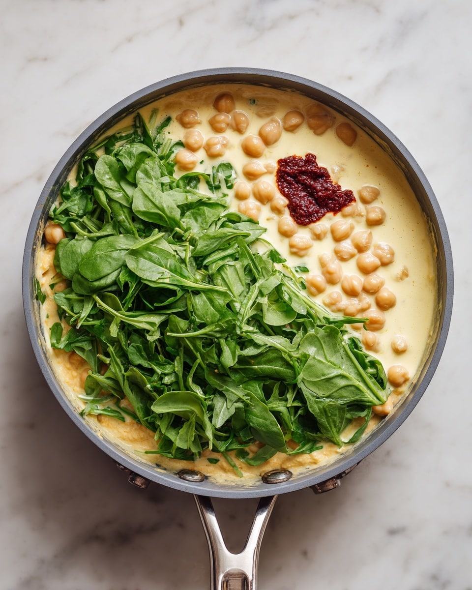 In a round pan with gray sides and a silver handle, there is a creamy light yellow liquid base with small chickpeas scattered throughout. On top of the chickpeas and cream layer, there is a large amount of fresh, bright green spinach leaves covering more than half of the pan. Near the edge of the spinach, on the cream layer, there is a small dollop of dark red paste. The pan is placed on a white marbled surface. photo taken with an iphone --ar 4:5 --v 7