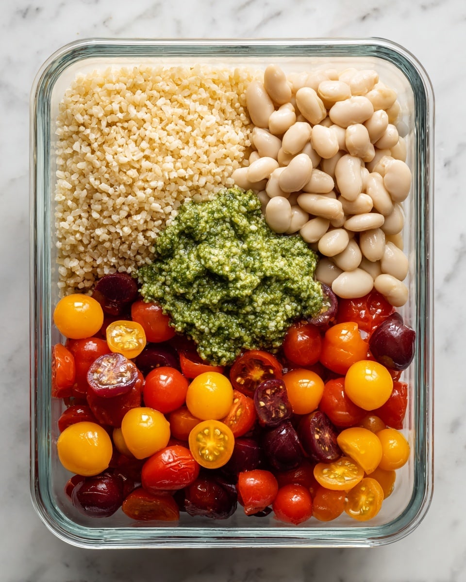A clear glass square dish shows four sections of ingredients from top to bottom. The top left layer has light brown uncooked rice, with visible grain texture. The top right layer is filled with off-white large beans, smooth and slightly shiny. In the center top, there is a dollop of green pesto sauce, thick and slightly chunky. The bottom half is filled with halved cherry tomatoes in different colors: bright red, dark red, yellow, and orange, with juicy, shiny textures. The dish sits on a white marbled surface. Photo taken with an iphone --ar 4:5 --v 7