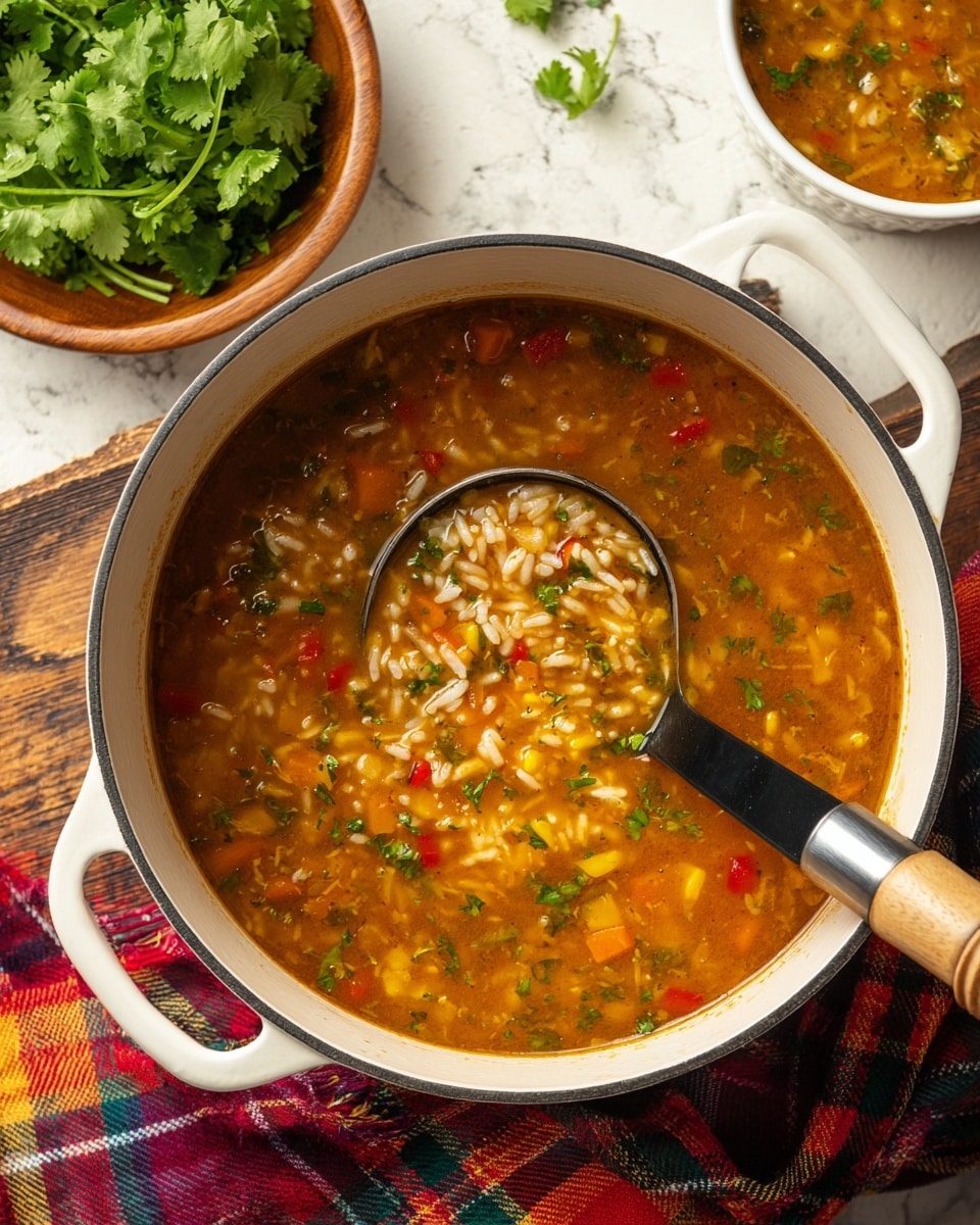 A white bowl filled with thick, chunky orange-red soup that has visible pieces of rice and small bits of vegetables like red peppers and herbs mixed inside. A silver spoon with a wooden handle rests in the bowl, scooping some soup. Behind the bowl, a large white pot holds more of the same soup with a black ladle inside. To the left, a small wooden bowl contains fresh green cilantro leaves. The items are placed on a dark wooden surface with a colorful cloth with stripes of blue, green, red, and yellow beside the white bowl. photo taken with an iphone --ar 4:5 --v 7