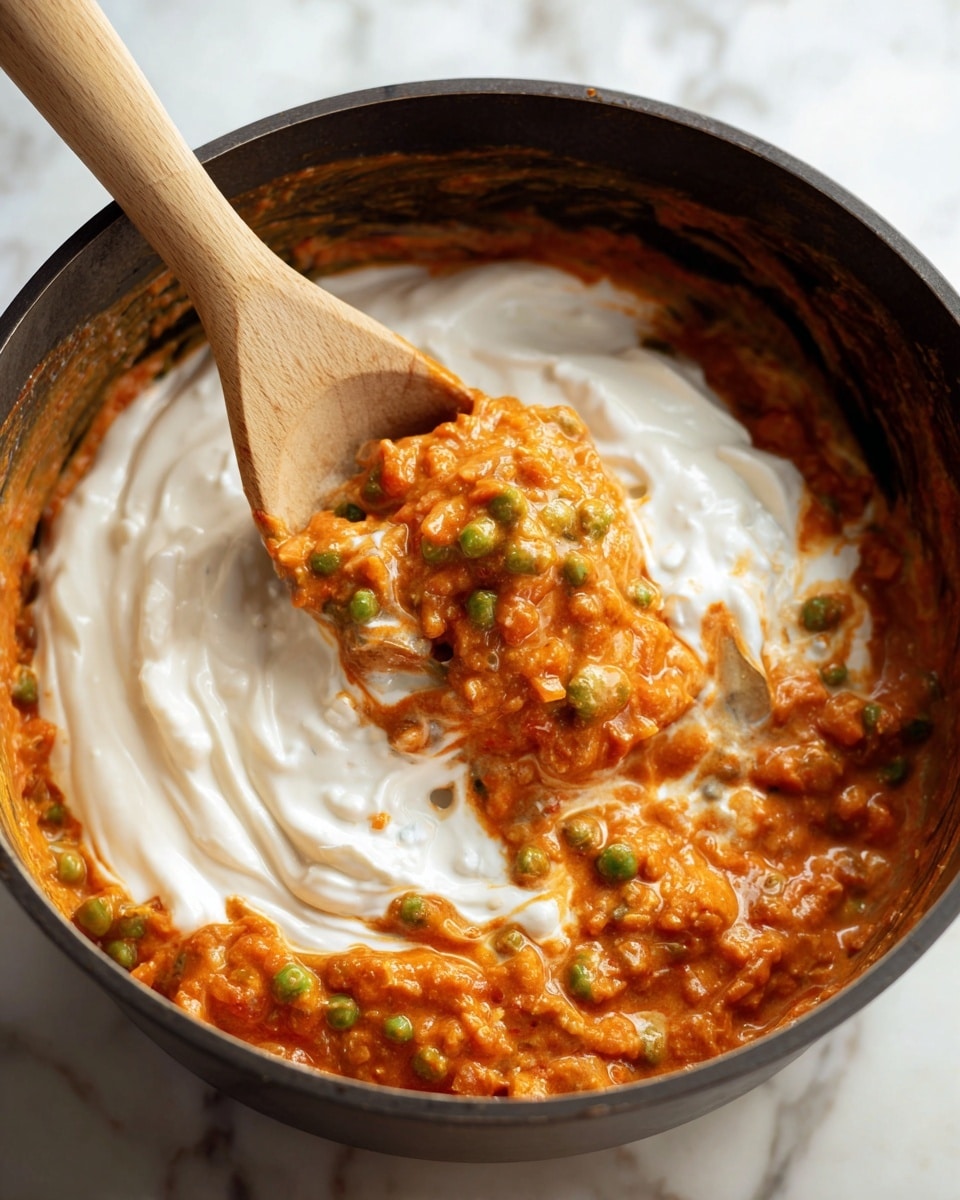 The image shows a close-up of a creamy dish in a dark pot, with a wooden spoon stirring the contents. The dish has two main layers: a thick, smooth white cream layer and a rich orange-red sauce layer mixed with small chunks of vegetables or possibly meat. The orange-red mixture has a slightly chunky texture with visible pieces and some green peas. The white cream is swirled through the orange sauce, creating a marbled effect. The wooden spoon holds a mix of both layers, with the creamy white coating part of the orange sauce and vegetable pieces. The background surface is changed to a white marbled texture. Photo taken with an iphone --ar 4:5 --v 7