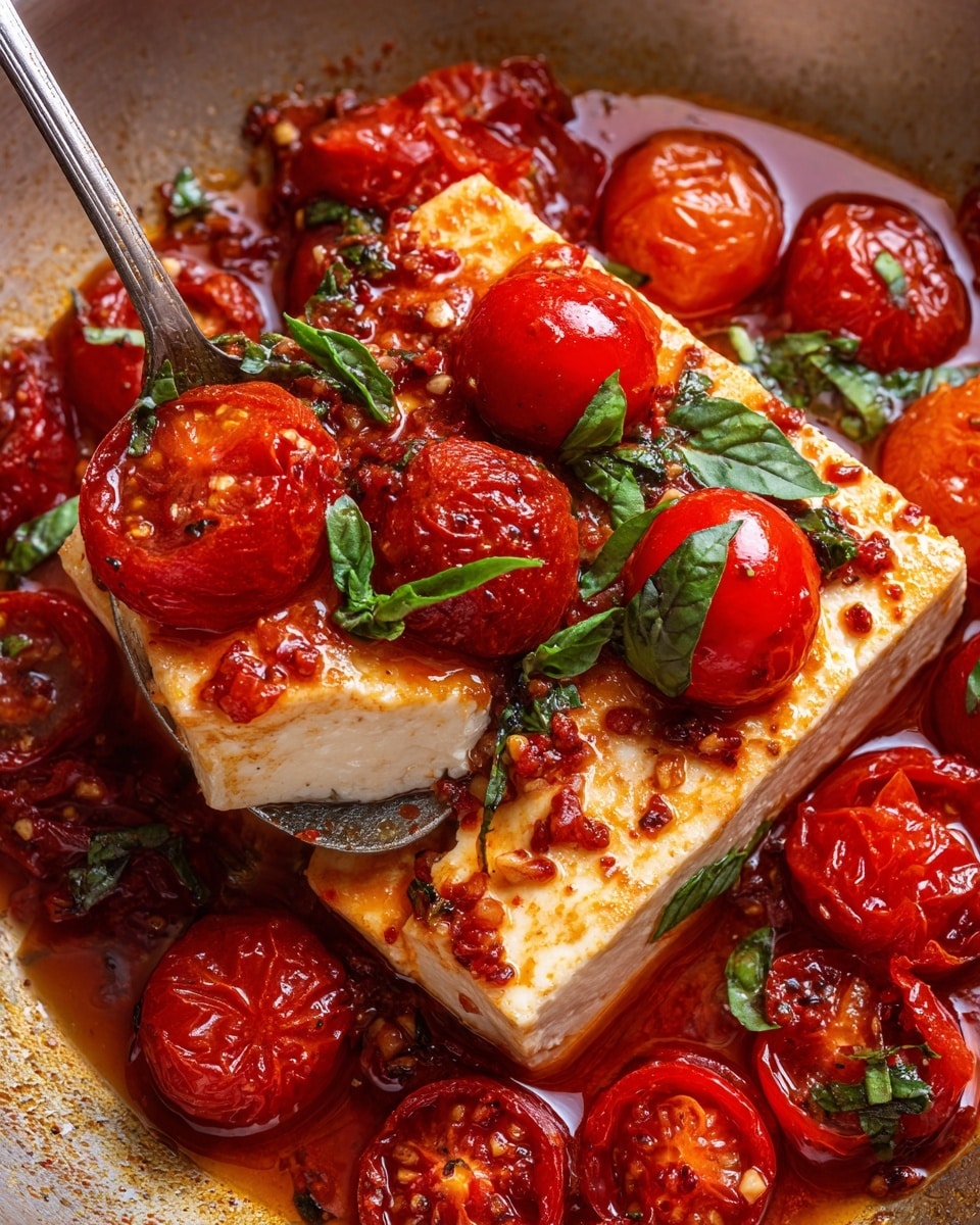 The image shows a close-up of a thick square piece of cooked tofu in a pan, covered with bright red cherry tomatoes that are soft and juicy, some sliced in half. Around the tofu and tomatoes, there is a rich red sauce with visible bits of garlic and spices. On top of the tofu and scattered around the pan, there are fresh green basil leaves adding a pop of color. A spoon is holding a chunk of the tofu, slightly lifted, showing a soft, light-colored inside. The pan has brownish sauce stains around the edge, hinting at slow cooking. The photo is taken with an iphone --ar 4:5 --v 7