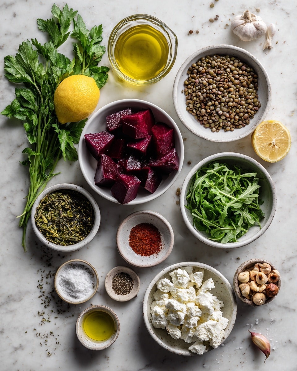 The image shows a flat lay of ingredients arranged neatly on a white marbled surface. There are seven white bowls, each with a different ingredient: roasted beets with a deep red color in large chunks in the biggest bowl on the left, brown lentils in a bowl on the top right, green leafy arugula in a bowl below the lentils, chopped green onion in a smaller bowl near the bottom left, crushed dairy-free feta cheese with a white crumbly texture near the bottom right, and chopped hazelnuts in a small bowl above the feta. A bunch of fresh parsley and mint leaves are placed on the left side. A whole lemon is placed centrally beside a small bowl of salt. There are four small bowls with seeds including fennel, cumin, coriander, and crushed chili in a reddish powder. A glass bowl of yellow olive oil and a small glass cup of maple syrup are near the top center, with a single clove of garlic beside them. The overall color palette is earthy with greens, reds, and browns on a clean white marbled background. Photo taken with an iphone --ar 4:5 --v 7