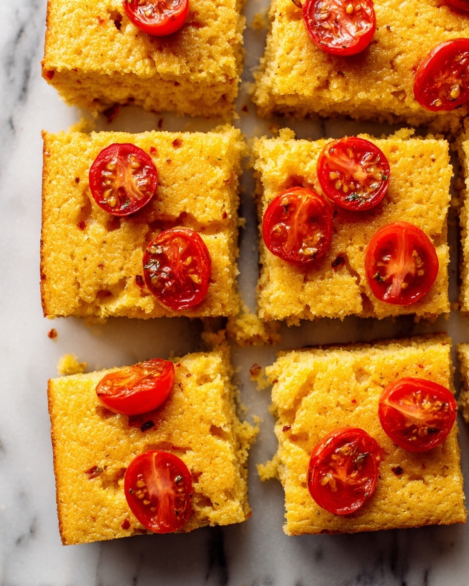 The image shows a close-up of a golden-yellow flatbread or cornbread divided into a 3 by 3 grid, making nine square pieces. Each piece has a slightly crumbly texture with small cracks on the surface. On top of each square, there is a halved cherry tomato, the tomatoes are red with visible seeds and veins, placed mostly near the center of each piece. The background is a white marbled surface. photo taken with an iphone --ar 4:5 --v 7