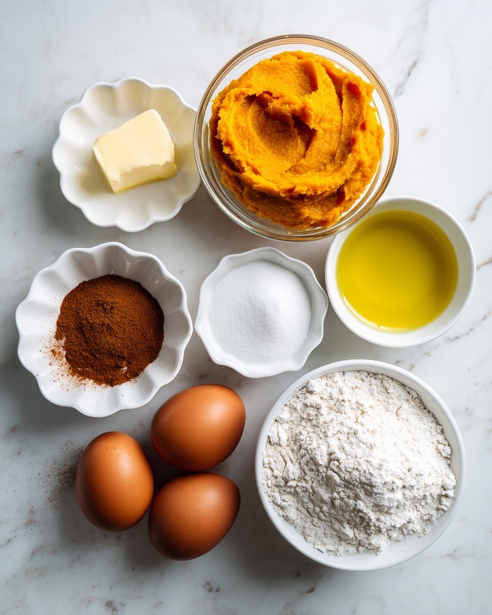 A collection of ingredients arranged on a white marbled surface includes two brown eggs placed side by side, a clear glass bowl filled with smooth and bright orange pumpkin puree at the top right, a small white bowl containing melted yellow butter, another white bowl filled with golden olive oil, a scalloped white bowl with granulated white sugar, a similar bowl with light brown sugar, and a clear glass bowl holding a mix of white flour, brown pumpkin pie spice, and baking powder creating a powdery texture with a dark brown cinnamon patch on one side. photo taken with an iphone --ar 4:5 --v 7