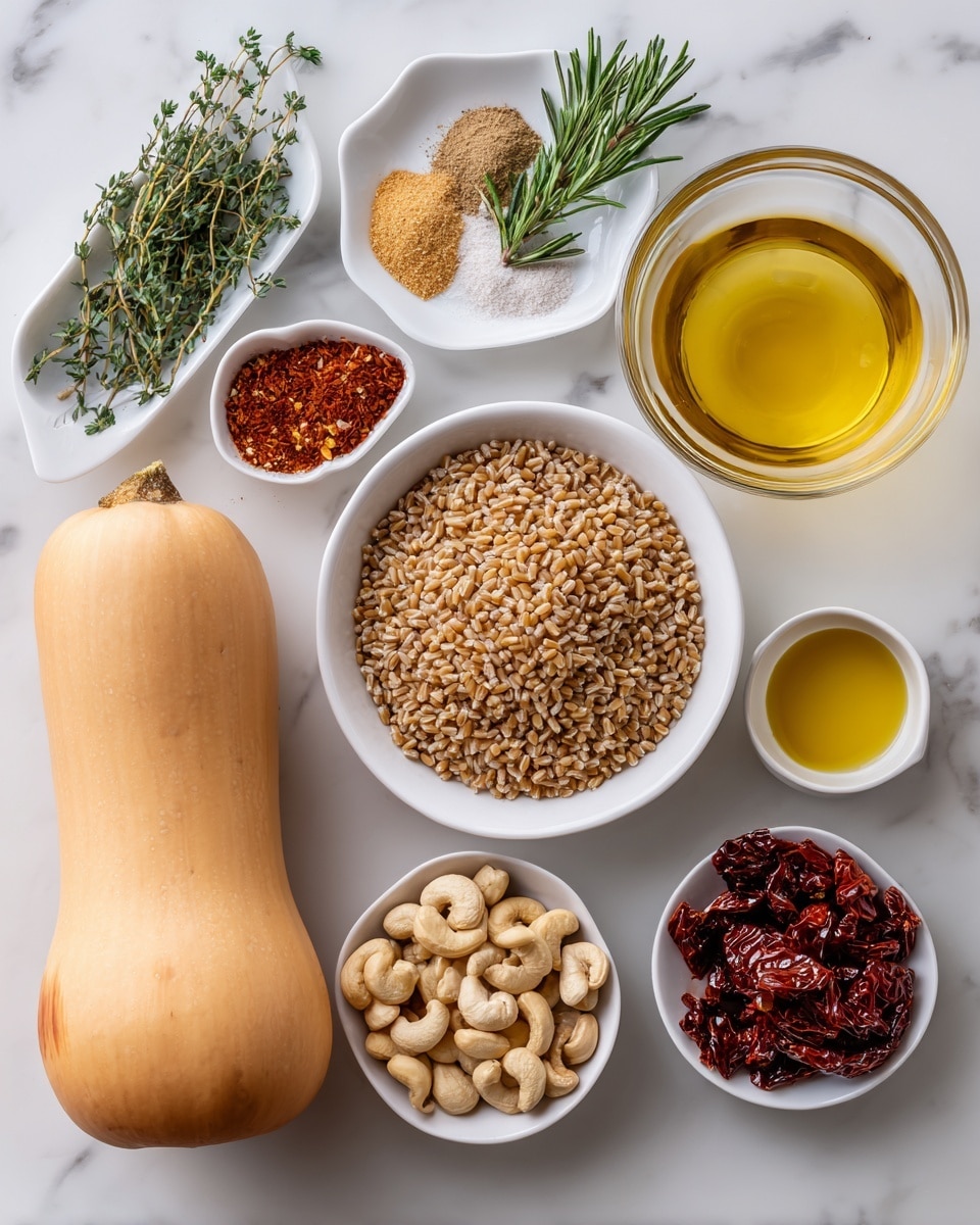 The image shows all the ingredients neatly placed on a white marbled surface. In the center, there is a white bowl filled with uncooked farro, light brown and grainy. To the left of it, a long butternut squash with smooth pale orange skin lies horizontally. Above the farro is a clear glass bowl with light yellow vegetable broth and next to it, a clear glass with white wine. At the top left, a small white dish holds fresh green sprigs of thyme and rosemary. To the right of the wine is a whole shallot with brown papery skin. Below the shallot, two small white bowls contain light beige garlic powder and reddish-brown ground chili. Below farro, a small white bowl holds soaked cashews, pale beige and smooth. Next to the cashews is a clear bowl with golden olive oil. Finally, at the bottom right, a white bowl contains dark red, slightly wrinkled sun-dried tomatoes. photo taken with an iphone --ar 4:5 --v 7