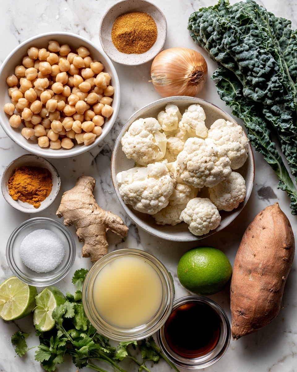 The image shows a white bowl filled with light beige chickpeas on the left side and another white bowl on the bottom right filled with white cauliflower florets. Above the chickpeas is a piece of light brown ginger and a white garlic bulb. To the right of the garlic is a brown shallot. There is a small white bowl with light brown brown sugar near the shallot. Below that is a whole green lime, and nearby is a small white bowl with white solid coconut oil. A bunch of dark green kale leaves and fresh green cilantro are on the right side of the image, with the cilantro partly under the kale. Below the chickpeas, there is a small glass with light yellow vegetable broth and another glass filled with white coconut milk next to it. In the middle bottom, a small glass bowl holds dark brown soy sauce, and to its right is a small white bowl filled with orange-yellow curry paste. Near the lime and coconut oil is a medium-sized orange sweet potato. The whole setup is on a white marbled surface. Photo taken with an iphone --ar 4:5 --v 7