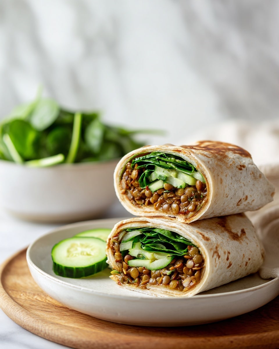 The image shows two folded wrap halves placed on a white plate with small dark specks. The front half reveals the inside, showing three layers: a golden brown, thin, crispy outer wrap layer; a middle layer made of green leaves or vegetables; and a top layer of cooked, light brown filling with a slightly chunky texture. The plate is on a white marbled surface, and a large knife with a serrated edge is visible nearby. Photo taken with an iphone --ar 4:5 --v 7