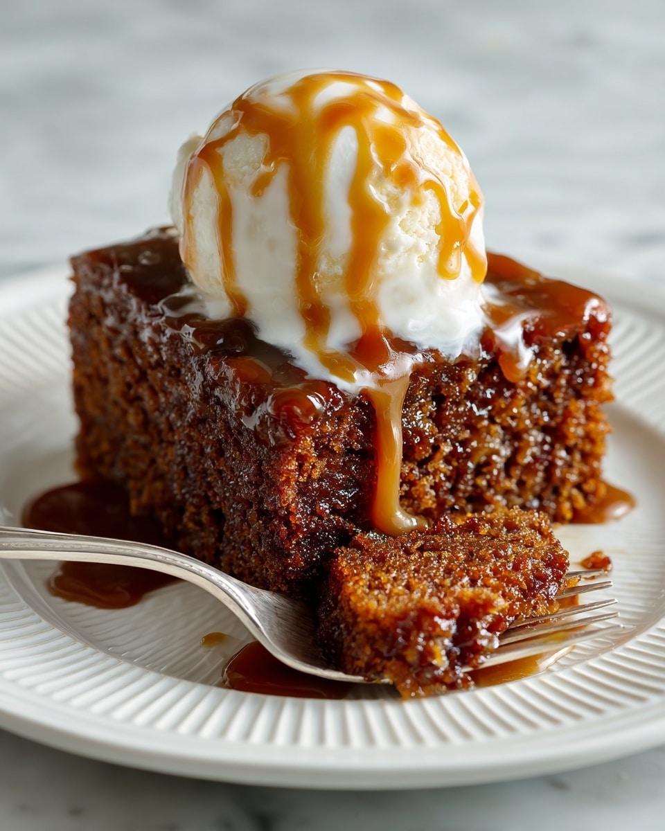A single piece of rich brown cake with a moist texture sits on a white plate with subtle ridges. The cake is topped with a scoop of melting white ice cream that has a smooth creamy texture, drizzled with golden caramel sauce. Caramel sauce pools around the base of the cake on the plate. A fork holds a small bite of the cake with visible crumbs and caramel drizzles. The surface beneath the plate has a white marbled texture. photo taken with an iphone --ar 4:5 --v 7