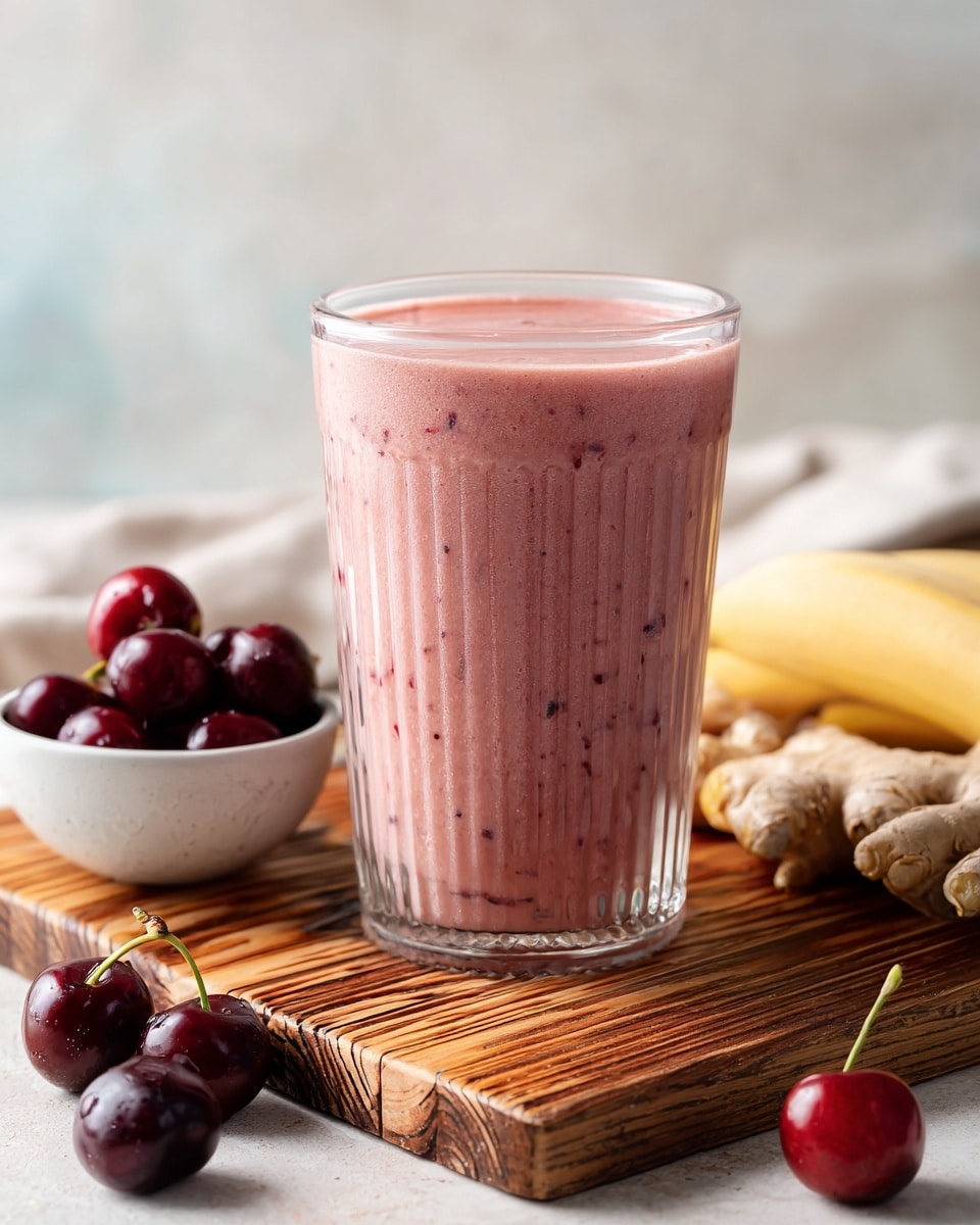 The image shows a side-by-side view of a clear blender jar on a white marbled surface, with two different contents inside. On the left side, the blender jar contains several layers visible from the top: chunks of light yellow banana, dark red whole cherries, creamy white yogurt, and amber-colored syrup or juice, all unmixed. On the right side, the same jar is filled with a smooth, frothy pink blended smoothie, with tiny bubbles on the surface, creating a creamy texture. photo taken with an iphone --ar 4:5 --v 7