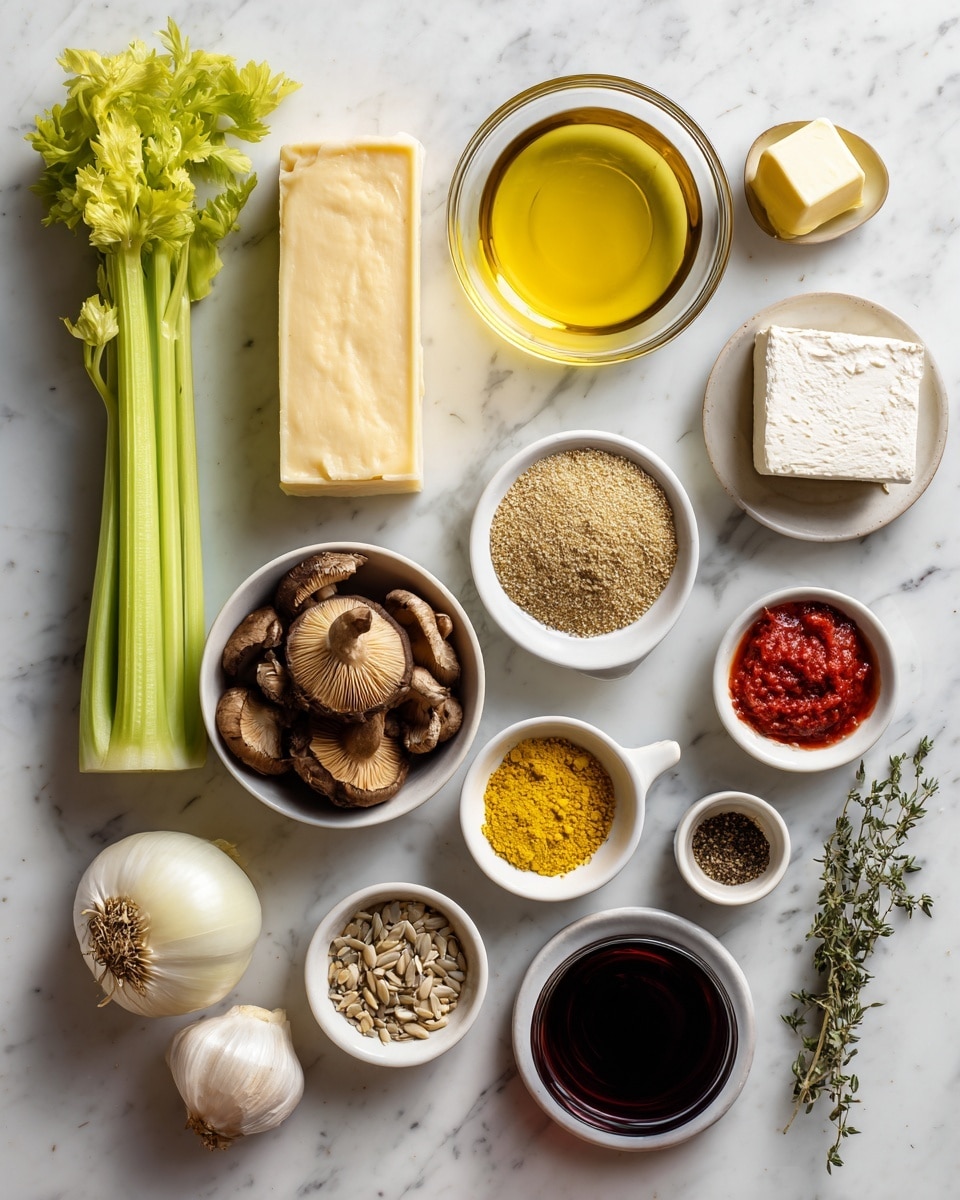 The image shows various cooking ingredients arranged neatly on a white marbled surface. On the left side, three celery stalks stand upright next to a rectangular block of pale puff pastry. Above the celery is a small glass bowl with a light yellow vegan butter cube, and next to it is a round glass bowl filled with golden olive oil. Moving to the center, a medium white bowl holds many brown dried shiitake mushrooms. Below this bowl are two small white ramekins, one filled with bright yellow nutritional yeast and the other with light brown ground flax meal. To the right, a small white saucer contains a chunk of white super-firm tofu. Nearby, a shallow white bowl has light brown sunflower seeds. Around these are small white bowls with reddish tomato paste, several peeled garlic cloves next to fresh green thyme, and small amounts of dark liquid tamari and dark soy sauce. At the bottom right is a transparent glass filled with dark red wine. Close to the bottom left are two tiny ramekins, one with black pepper and the other with deep red paprika powder. In the center near the bottom is a round yellow onion. The whole setup is clean and well-organized, with a warm light illuminating the natural colors of the ingredients. Photo taken with an iphone --ar 4:5 --v 7