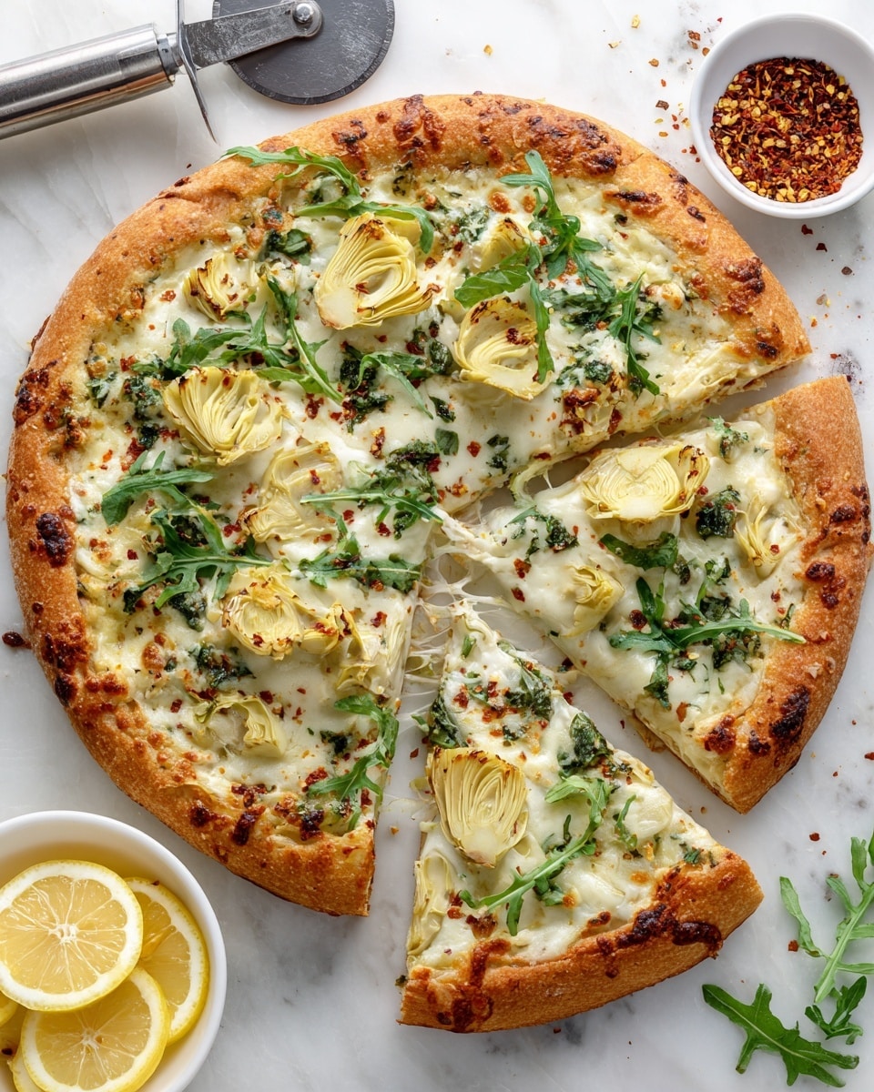 A pizza with a thick, golden-brown crust that looks crisp and slightly toasted, topped with a layer of melted white cheese that is creamy and smooth. On the cheese, there are slices of pale yellow artichoke hearts placed unevenly around the pizza. Fresh green arugula leaves and basil are scattered on top, adding a fresh and leafy texture. The pizza is cut into slices, with one slice slightly pulled away, showing melted cheese stretching between slices. To the side, there are thin yellow lemon slices and a small white bowl filled with crushed red pepper flakes. Everything is on a white marbled surface with a pizza cutter nearby. Photo taken with an iphone --ar 4:5 --v 7