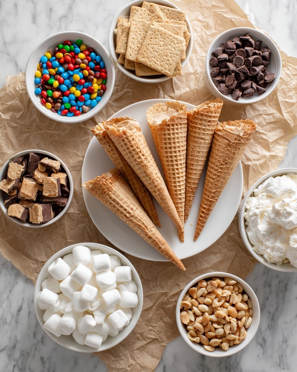 A top view of several small white bowls and a white plate placed on crumpled brown paper on a white marbled surface. At the center bottom, a white plate holds 6 light brown waffle cones standing upright in a circle. Around the plate, bowl contents are arranged: top right has a white bowl filled with small peanut butter cups, next to it on the top center are 4 light brown rectangular graham cracker pieces stacked, center right shows a white bowl of white mini marshmallows, bottom right has a white bowl with light brown peanuts, bottom left contains rolled chocolate pieces labeled Rolos, and to the left of the waffle cones is a white bowl of colorful M&Ms, then above it a white bowl of light brown peanut butter, and directly above the cones a white bowl with dark brown chocolate chips. Photo taken with an iphone --ar 4:5 --v 7