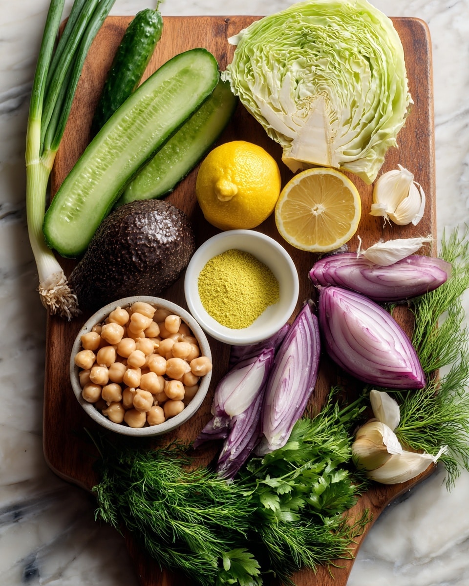 The image shows a wooden board with fresh ingredients placed neatly. From left to right, there are green onions, a cucumber cut in half showing its dark green skin and fresh inside, a lemon cut in half with a bright yellow peel and juicy interior, and a cabbage wedge with pale green layers. Next to these, there is a dark brown avocado with a bumpy texture and three peeled garlic cloves. Below the avocado is a small white bowl filled with a yellow powder. Near the bottom left corner sits a white bowl full of beige chickpeas, and around it are scattered vibrant green fresh leaves, dill sprigs, and sliced purple onions with white veins. The overall setting is a white marbled table. photo taken with an iphone --ar 4:5 --v 7