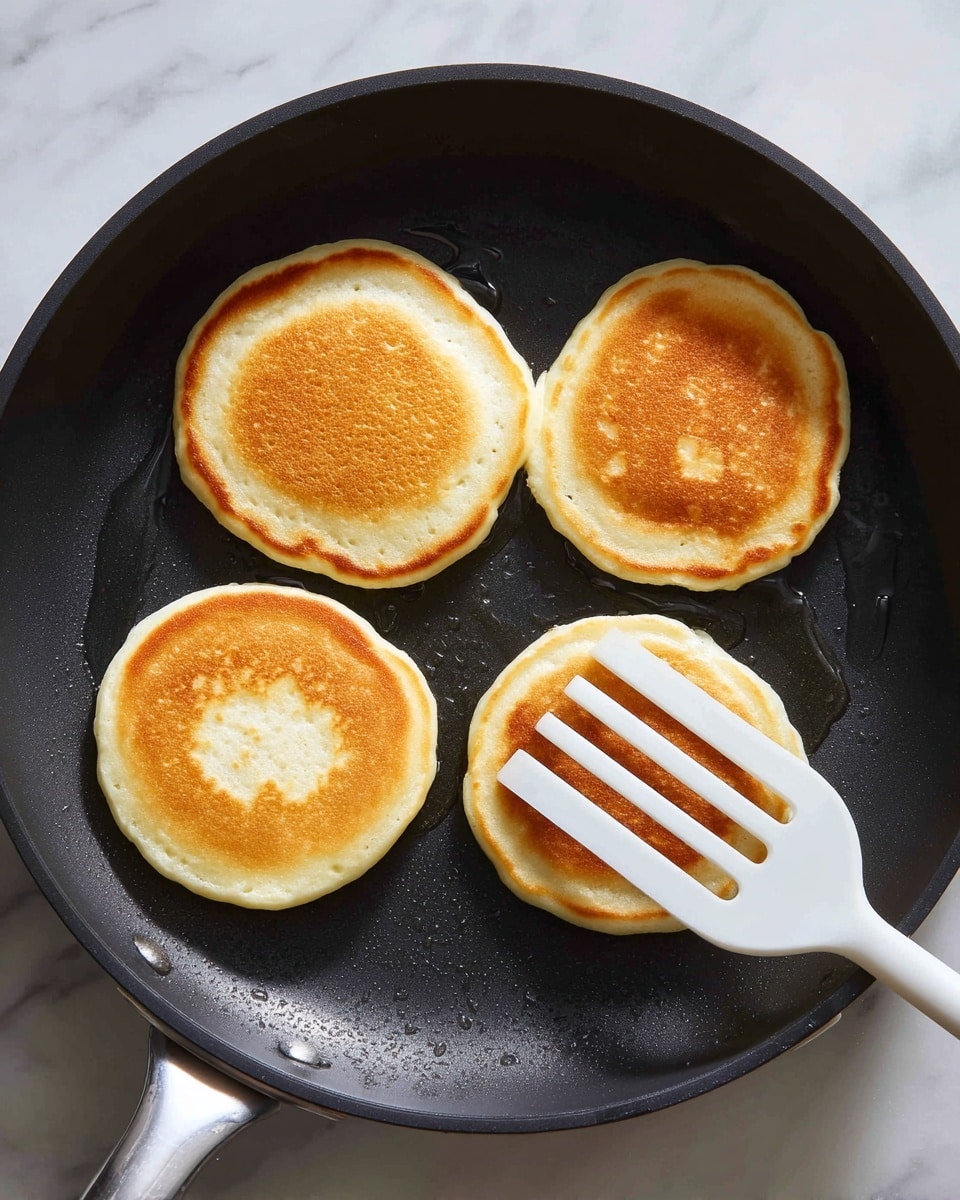 Four small golden pancakes with smooth tops and light brown edges are cooking in a dark non-stick pan. The pancake in the front has a slightly darker, textured circle on top and is held by a white spatula under it. The other three pancakes are spread evenly in the pan with a shiny oil residue around them. The whole scene is set against a white marbled background. photo taken with an iphone --ar 4:5 --v 7
