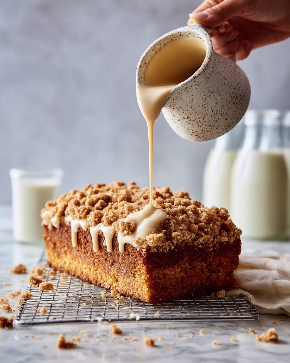 A crumb-topped rectangular cake with a golden brown base layer that looks moist and dense, topped with a thick, crunchy streusel layer in light brown hues. A woman's hand is pouring a creamy, beige sauce from a speckled white jug onto the cake, the sauce flowing slowly and beginning to drip down the rough texture of the topping. The cake sits on a white wire cooling rack placed on a white marbled surface. In the blurred background, there are two clear glass bottles filled with white liquid. Photo taken with an iphone --ar 4:5 --v 7