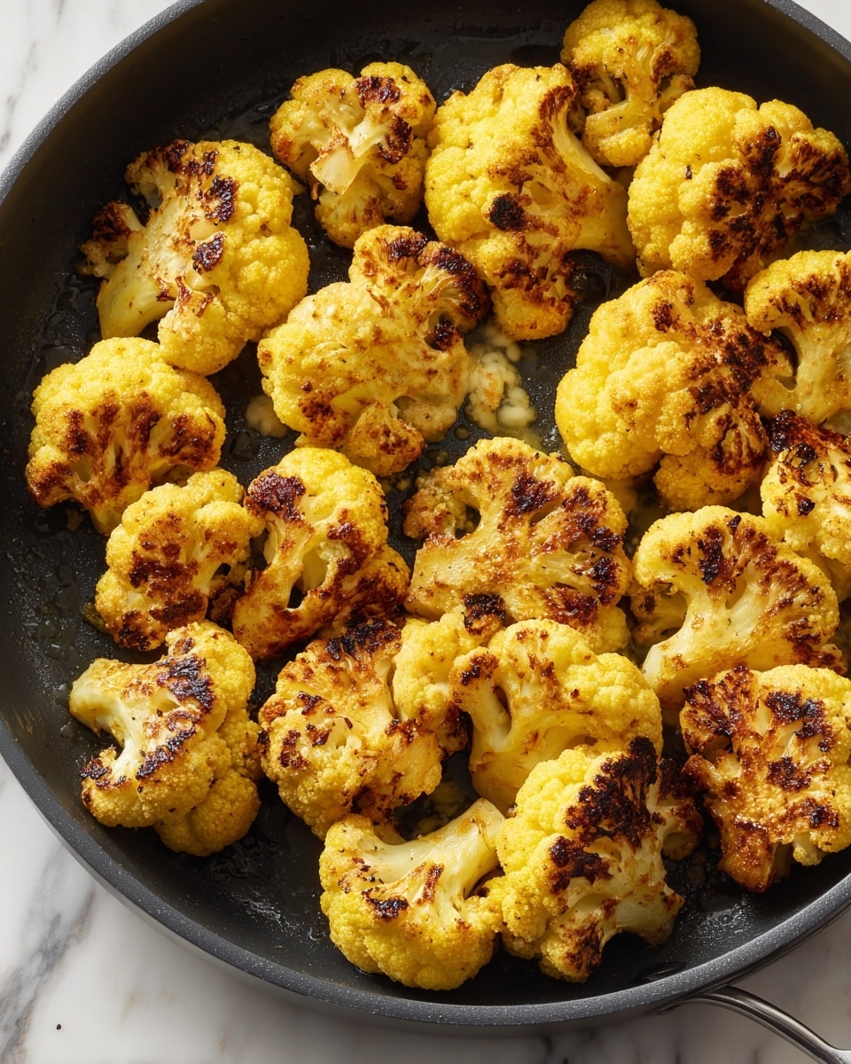 The image shows a black pan filled with cooked cauliflower pieces. Each cauliflower piece has a bright yellow color with dark brown charred spots, showing they are roasted or grilled. The cauliflower pieces are unevenly shaped with a bumpy texture, arranged closely but not stacked. The pan surface is smooth and shiny, with oil and small spots of seasoning visible around the cauliflower. The background has a white marbled texture that contrasts softly with the dark pan. photo taken with an iphone --ar 4:5 --v 7
