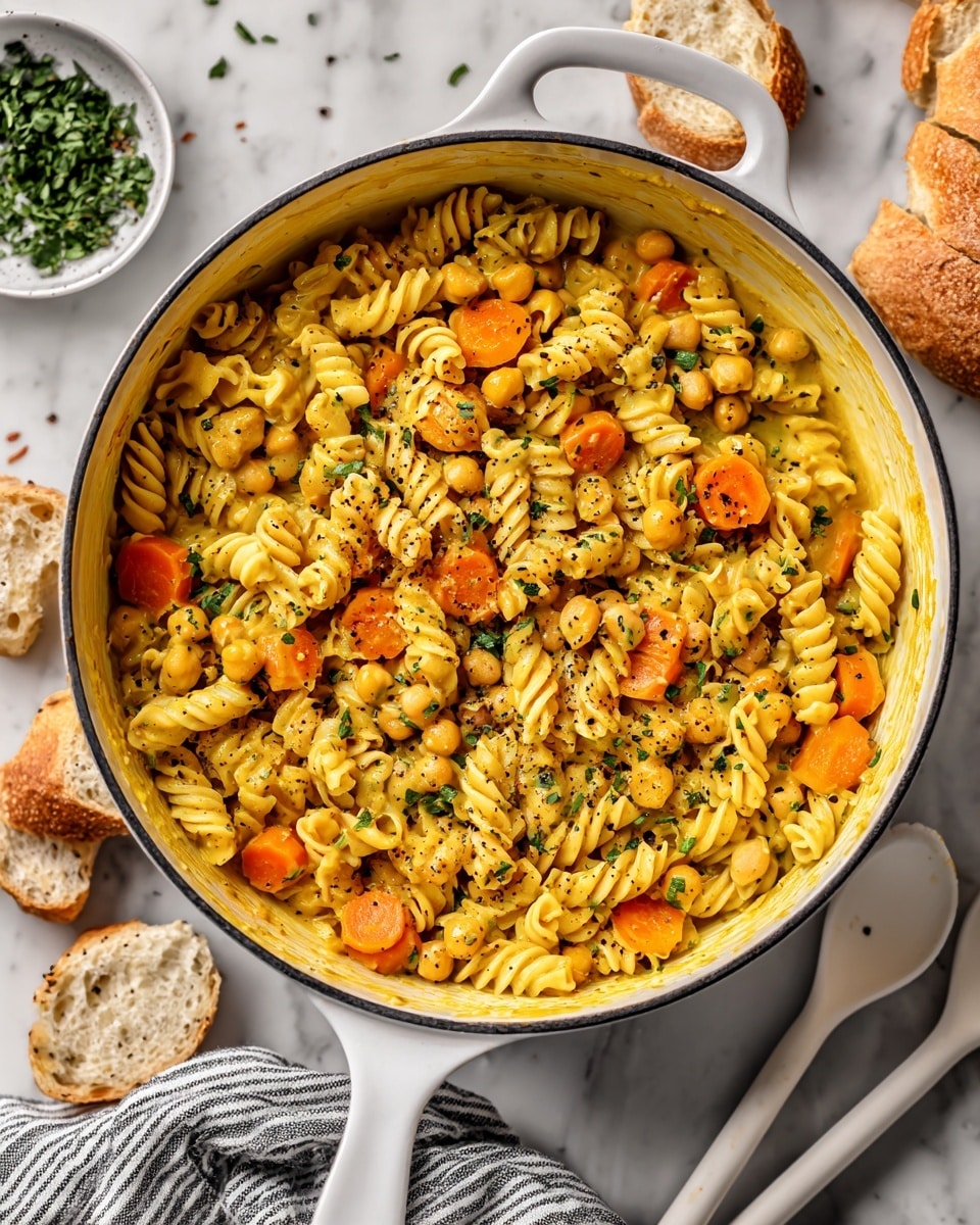 A close-up top view of a white pot filled with a creamy pasta dish featuring spiral noodles, orange carrot slices, small chickpeas, and green herbs mixed throughout, all covered in a thick yellowish sauce with visible black pepper specks. On the white marbled surface around the pot are scattered slices of crusty bread and a small white bowl of fresh green herbs. A striped cloth is placed beside the pot, and two white cooking utensils rest on the pot's handle. photo taken with an iphone --ar 4:5 --v 7