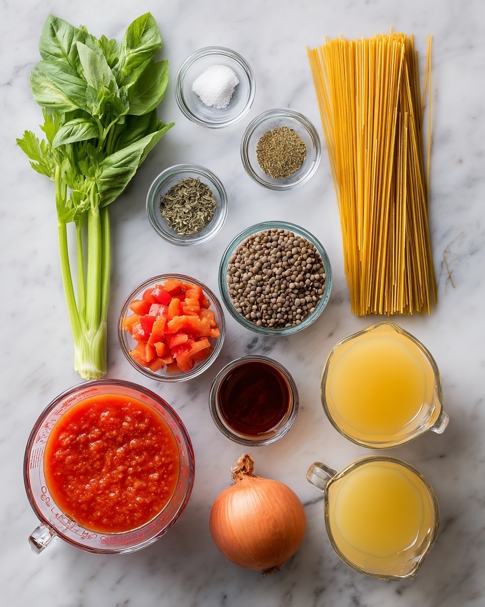 The image shows an arrangement of ingredients on a white marbled surface. At the top left are two green leafy herbs: a small bunch of basil and a longer celery stalk with vivid leaves. Below the celery are four small clear glass bowls filled with different dried herbs and spices, and one with salt, arranged in two rows. To the right of these is a large clear measuring cup filled with bright red tomato puree. Below this cup sits a smaller clear bowl holding a dark red liquid. At the bottom left, there is a pile of dry spaghetti strands. Near the middle, a clear bowl full of brown lentils is placed above another bowl of diced fresh red tomatoes in liquid. At the bottom, there is a yellow onion with roots, two orange carrots, and two clear glass pitchers filled with light yellow broth or stock. The colors are natural and the textures vary from smooth liquids to dry and leafy elements. photo taken with an iphone --ar 4:5 --v 7