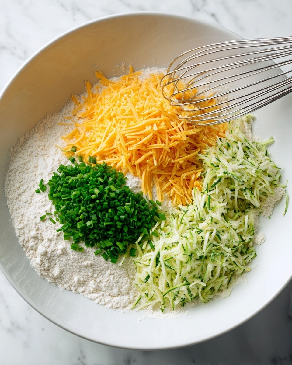 A close-up image shows a white bowl filled with five different ingredients clearly separated in small piles. The bottom layer is a fine, white flour spread across the bowl's base. On top of the flour, to the left, there is a bright green pile of chopped chives with a shiny texture. To the right of the chives, a mound of shredded orange cheddar cheese with thin, stringy texture sits next to a smaller heap of finely shredded light orange cheese. Above the cheese, there is a sizeable heap of shredded pale green zucchini with dark green specks, showing a moist, fresh texture. A metal whisk is partially visible in the bowl near the cheese layer. The background is a white marbled texture. Photo taken with an iphone --ar 4:5 --v 7